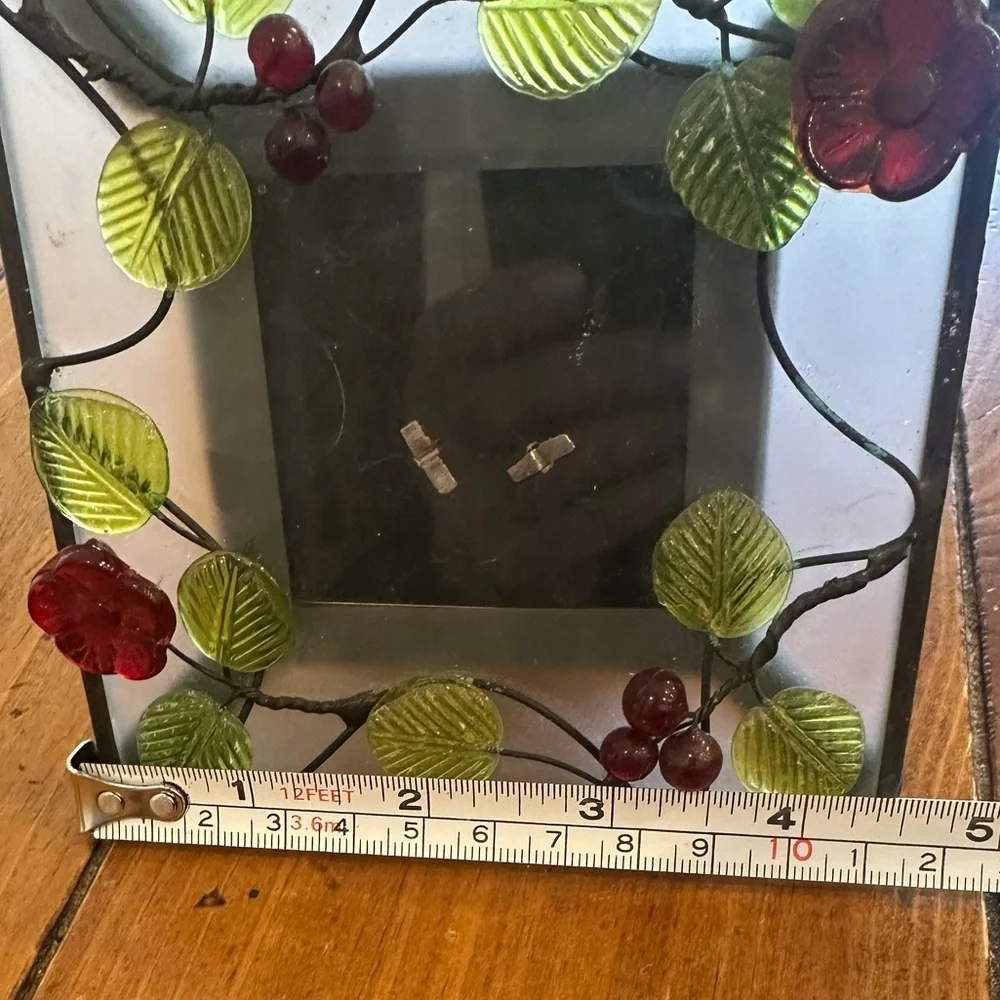 Decorative Glass Photo Frame Set with Green and Red Accents Plus 2 Voltives